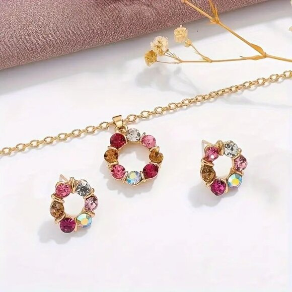 ⭐️NWT Multicolor Round Rhinestone Earring And Necklace Set - Picture 3 of 4